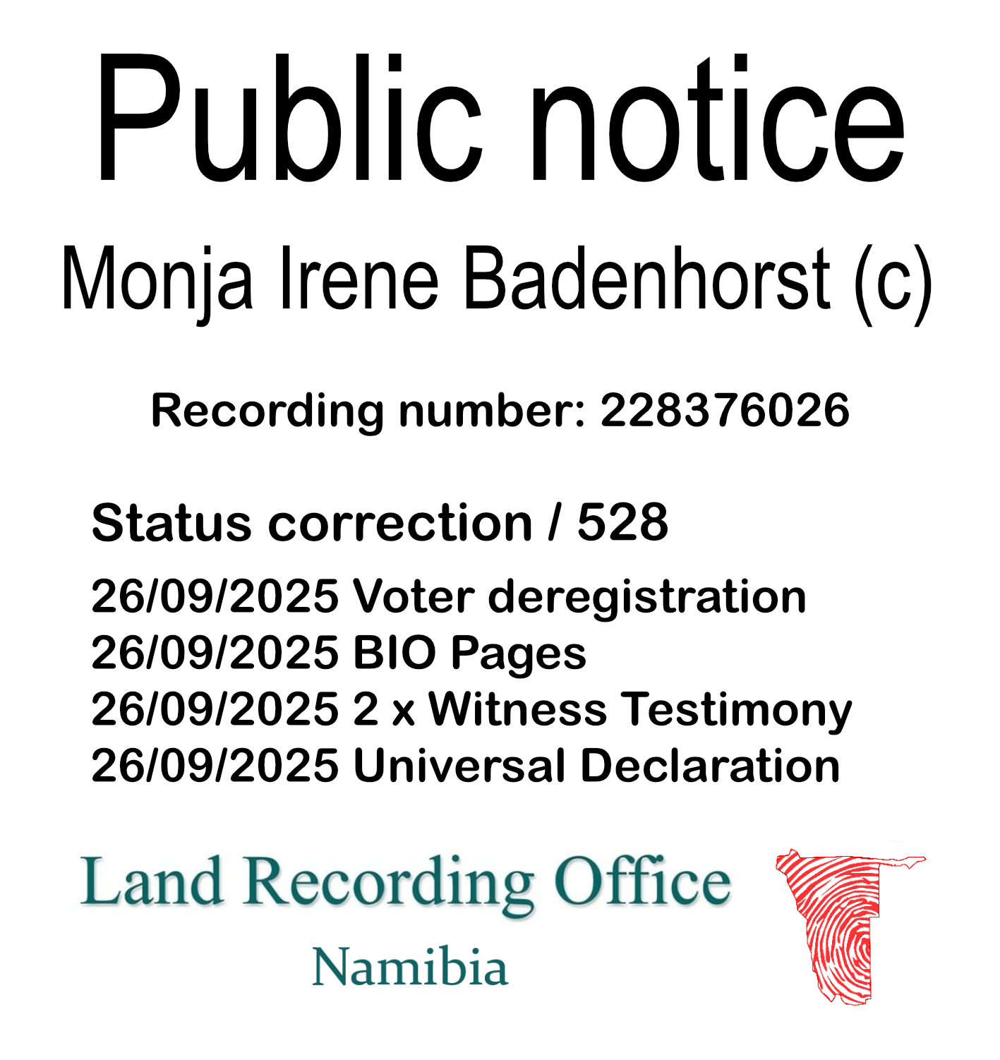 Public notice Monja Irene Badenhorst Recording number 228376026